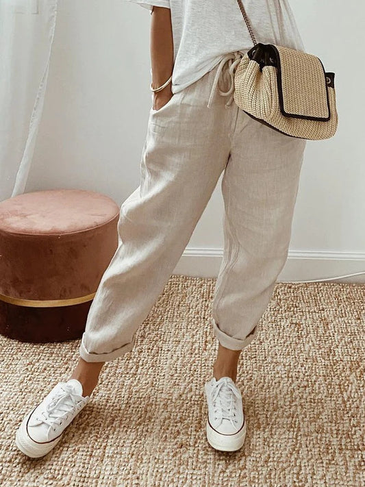 Pantaloni casual con coulisse, tasca inserita a tinta unita